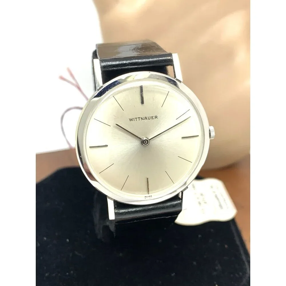Wittnauer Men's Watch Vintage Swiss Hand Wind Thin 33mm Black Leather Band